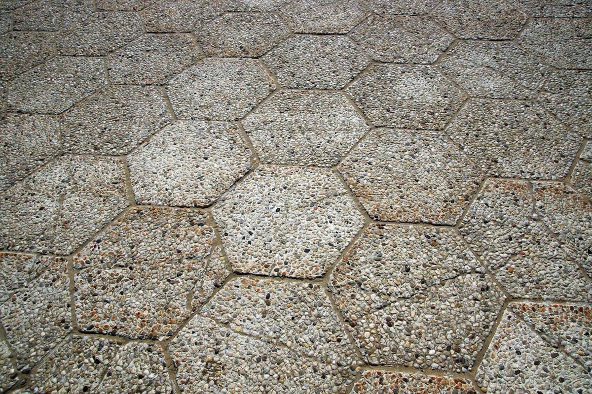 Hexagonal exposed-aggregate pavers, cleaned